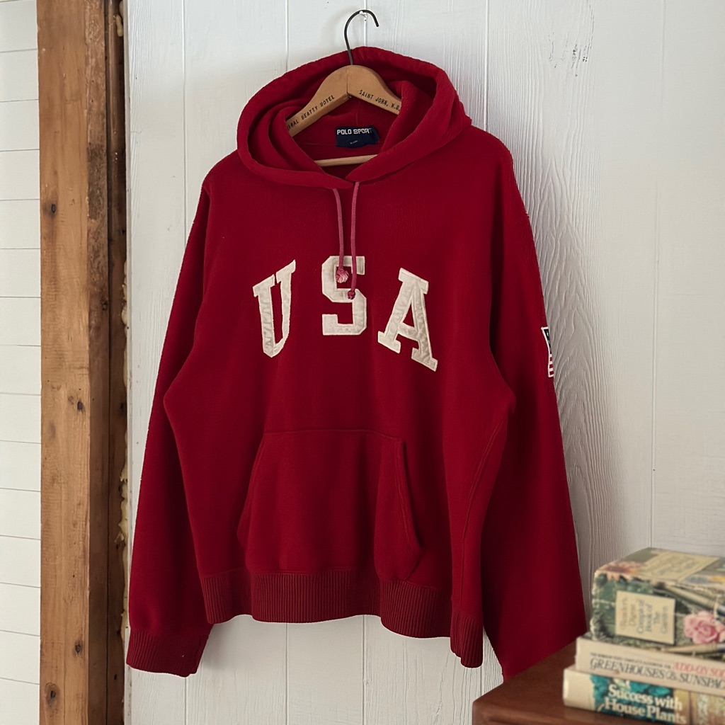 Vintage Ralph Lauren Polo Sport Hoodie - Red Fleece - Made In Usa - L